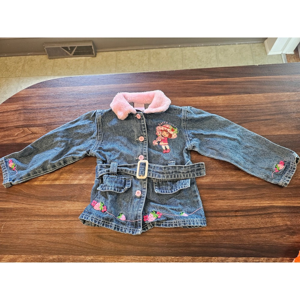 Vintage Strawberry Shortcake Girls Blue Denim Jacket Size 4 y2k Embroidered Belt